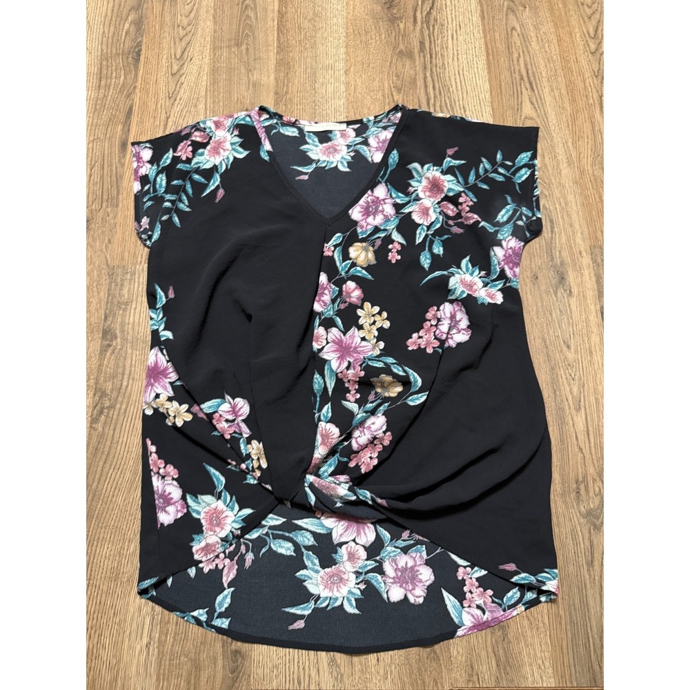 Twenty Second Blouse Women's Large, Black Pink White Green Floral V-neck